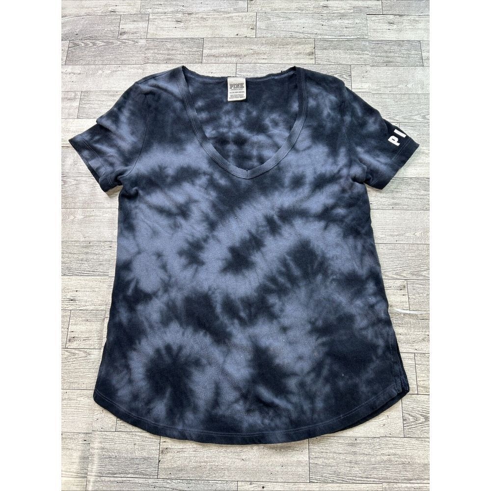 Victoria's Secret PINK Tie‎ Dye V Neck Tee Gray Black Short Sleeve XS Top